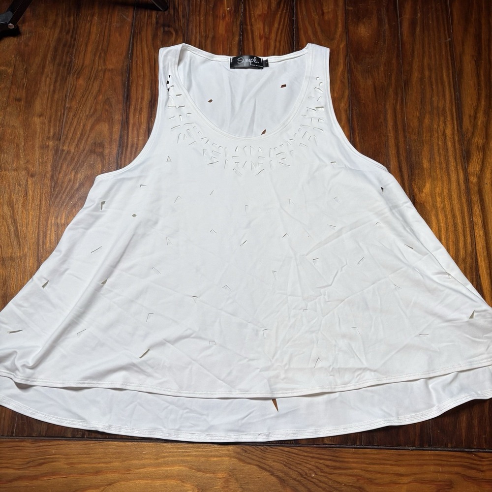 Sympli White Crop Swing Tank Top Cuts Laser Cutwork Quiet Luxury Sz 4 A363